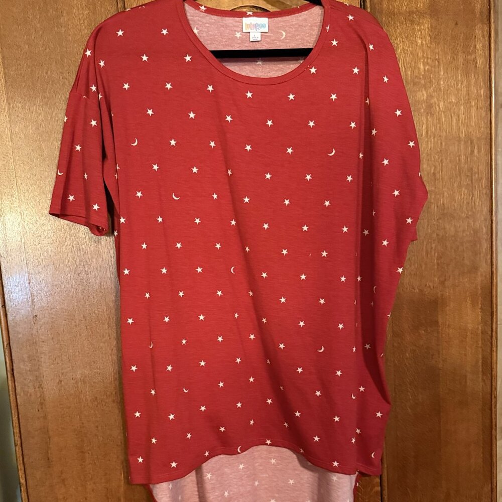 LuLaRoe Irma, Size Large, Red with White stars and Crescent moons